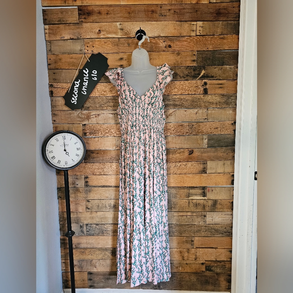 Rock & Roll Denim Women's Cactus Print Pink Green Milkmaid Maxi Dress Large